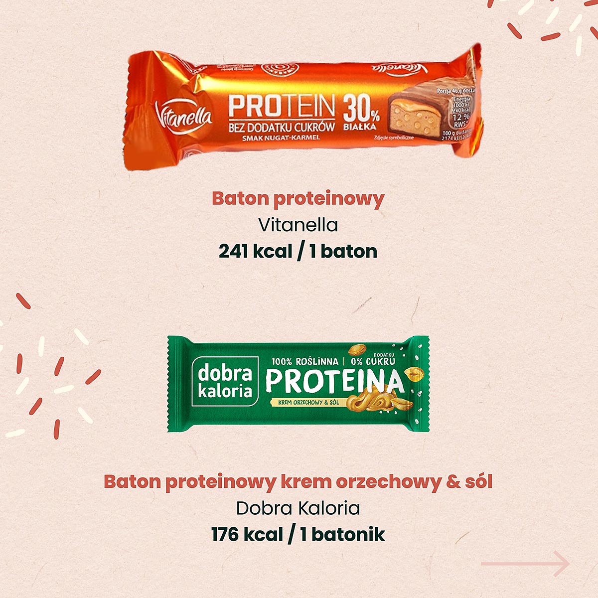 słodycze  - baton proteinowy z Vitanella i batonik proteinowy Dobra Kaloria